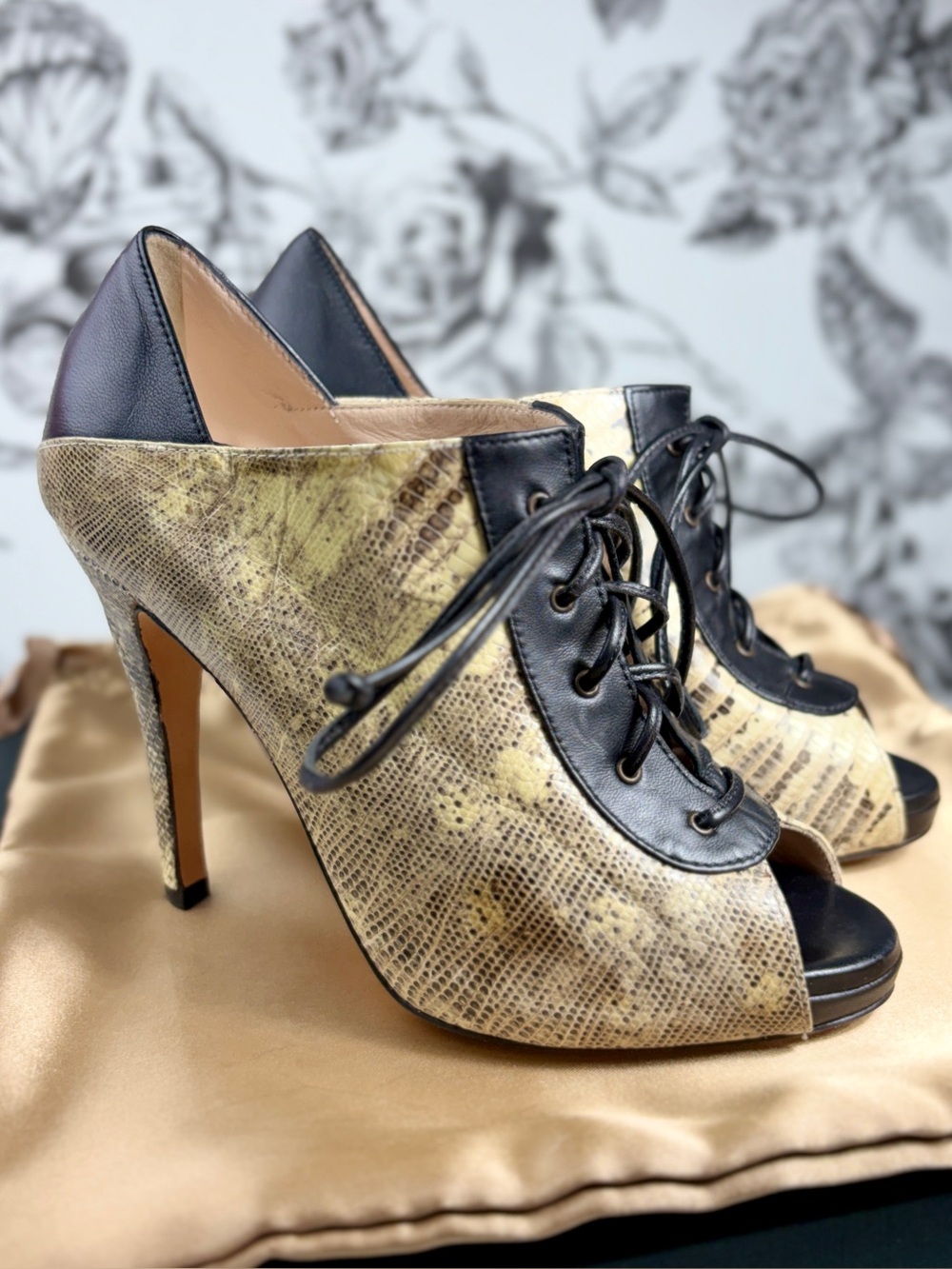 Chrissie Morris “Sis Line” Black/Tan Peep Toe Lace Up Leather Heel, Szs 6 & 8.5